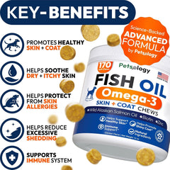 Petsology Omega-3 Dog Chews itch-relief supports calmer skin during seasonal allergies.