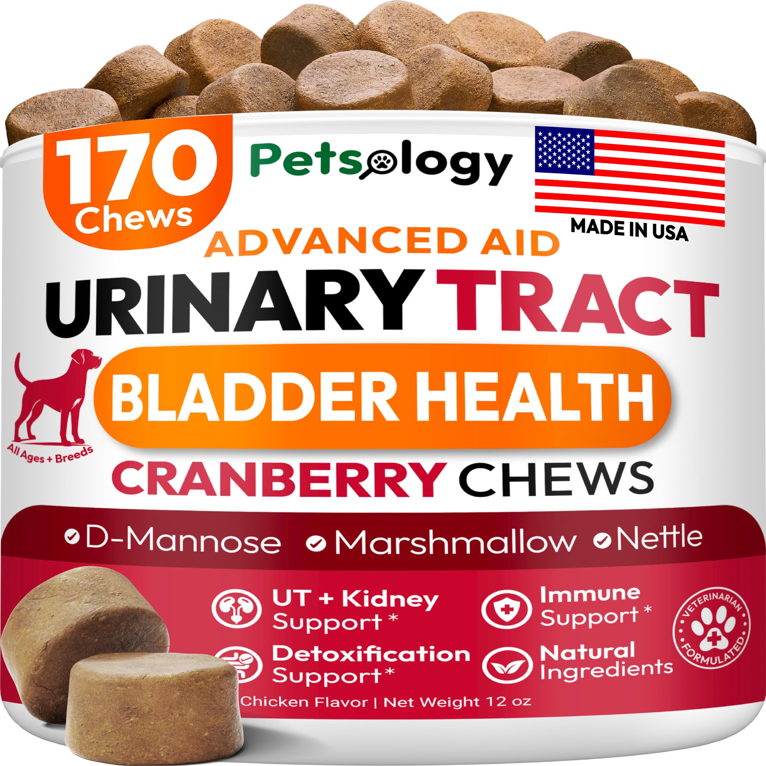 Petsology gomitas de arándano para perro, apoyo a la salud urinaria diaria.
