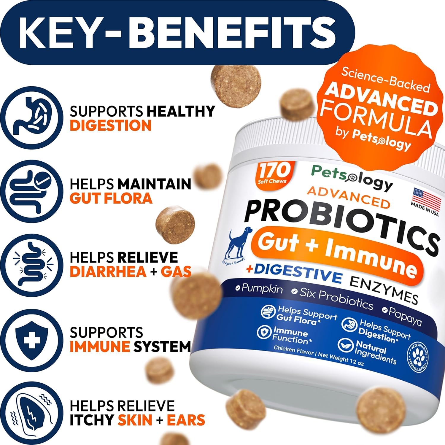 Petsology Probiotics for Dogs 340 chews close-up highlights convenient chew form for digestion