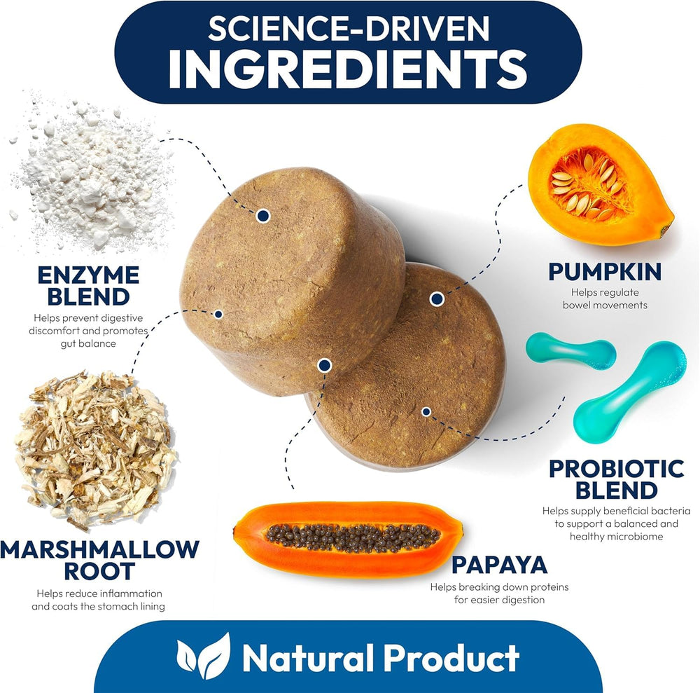 Petsology Probiotics for Dogs label shows prebiotics and enzymes supporting gut health