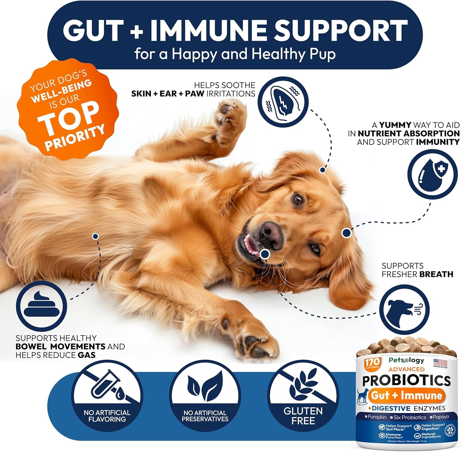 Petsology Probiotics two-pack box on shelf hints at convenient gut health support