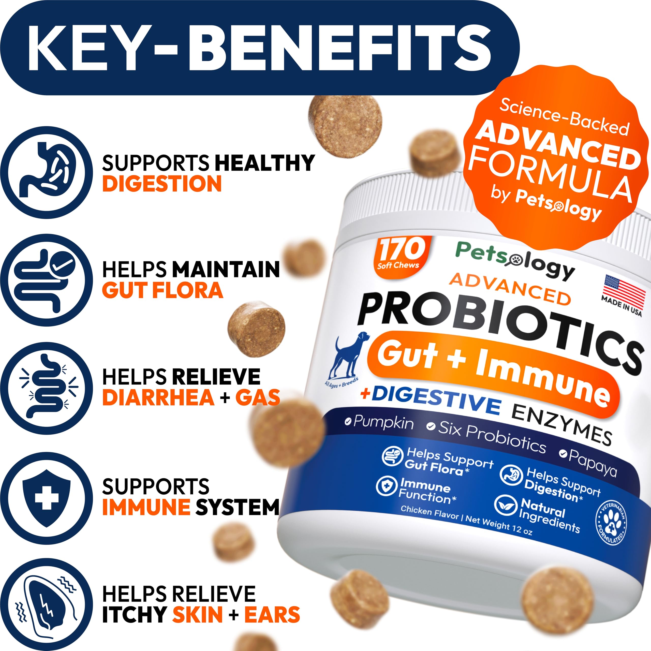 Petsology probióticos para perros, gomitas, favorecen equilibrio intestinal.