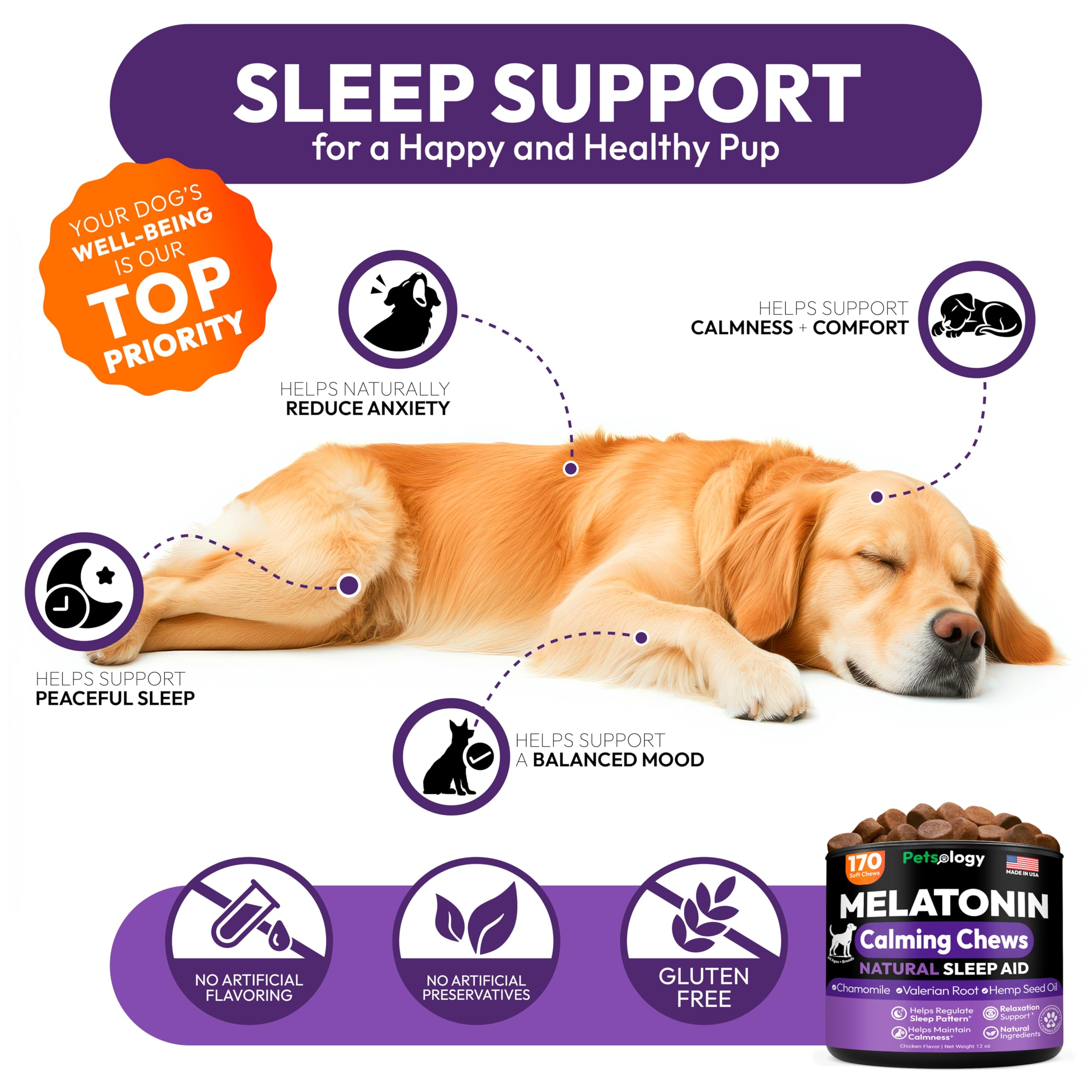 Petsology sleeping-dog-hero-shot highlights restful sleep potential without grogginess.