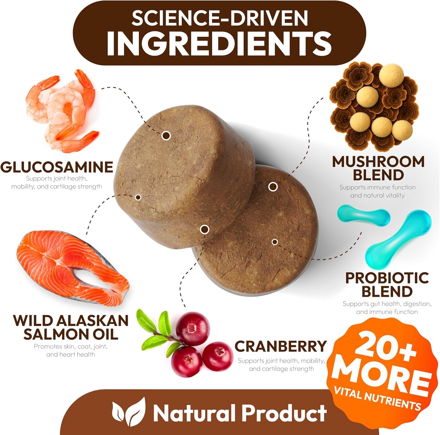 Petsology Turkey Tail dog chews label close-up emphasizes 7 mushrooms and glucosamine.