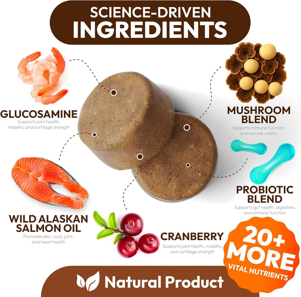 Petsology Turkey Tail dog chews label close-up emphasizes 7 mushrooms and glucosamine.