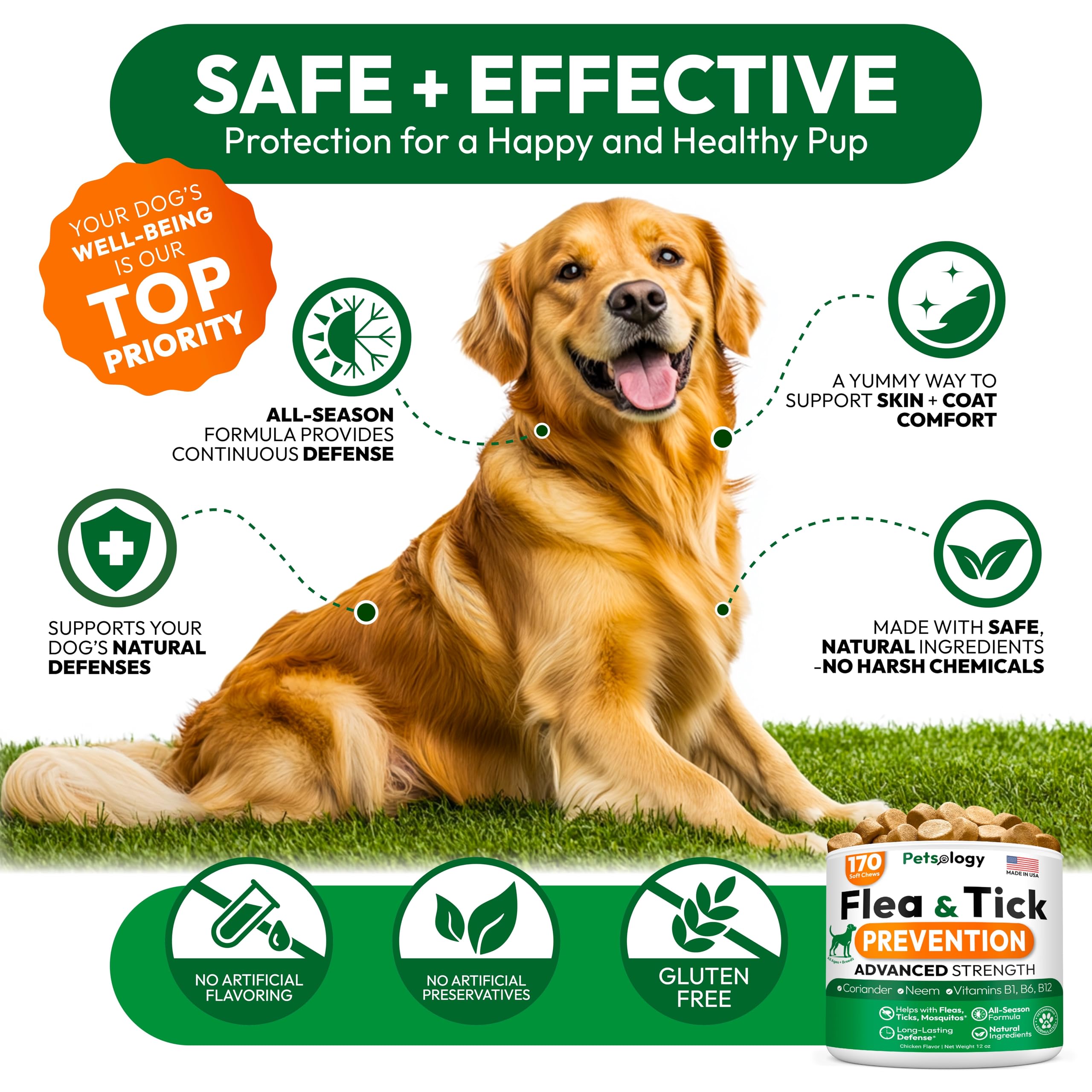 Petsology USA-made chews in bottle emphasize US safety standards and quality.