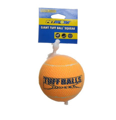 PetSport Giant Squeaker Tuff Ball 4-inch closeup highlights durable rubber and bright orange color for visibility