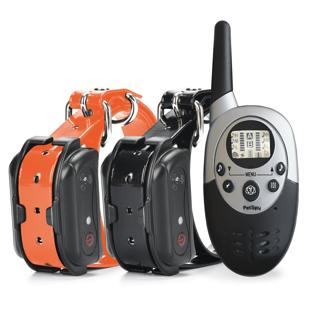 PetSpy M86-2 dual-dog training collar system enables simultaneous training across two dogs at distance.