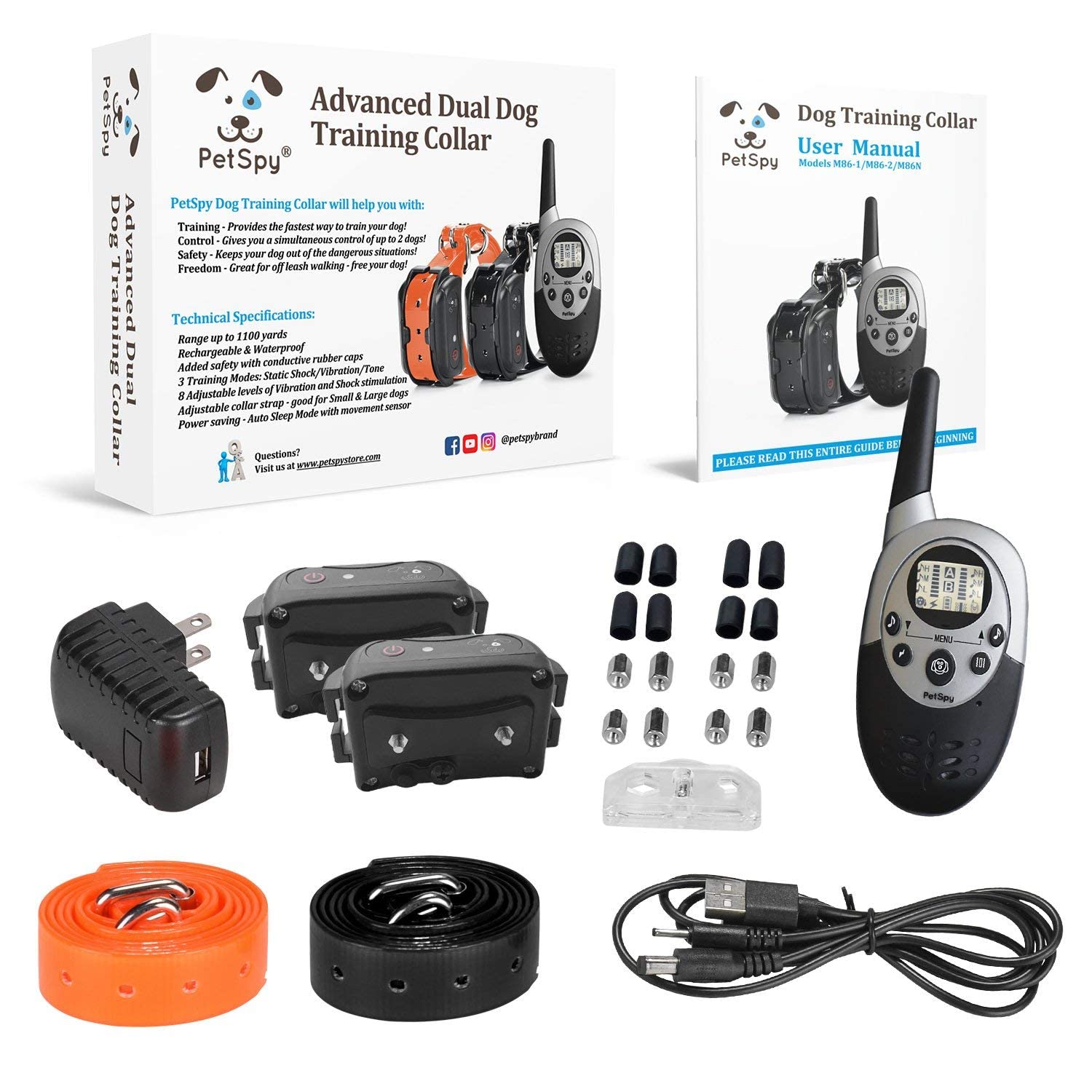 PetSpy M86-2 receiver collar on dog illustrates comfortable fit during training sessions.