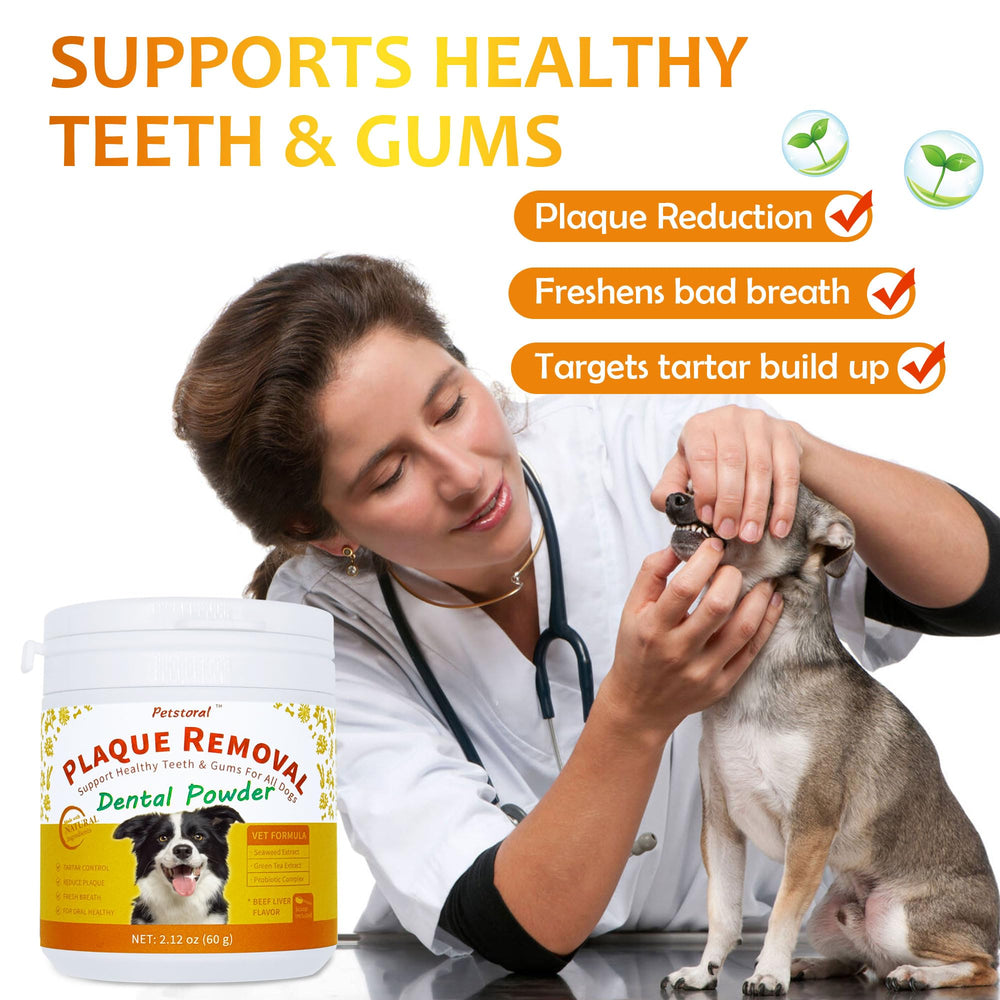 Petstoral beef liver flavour dental powder shown with dog bowl for fresher breath