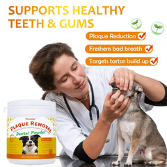 Petstoral beef liver flavour dental powder shown with dog bowl for fresher breath