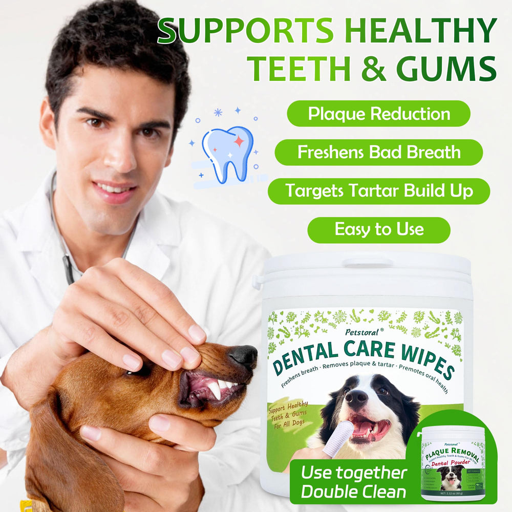 Petstoral dental wipes in use on a dog to promote fresh breath and cleaner teeth