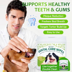Petstoral dental wipes in use on a dog to promote fresh breath and cleaner teeth