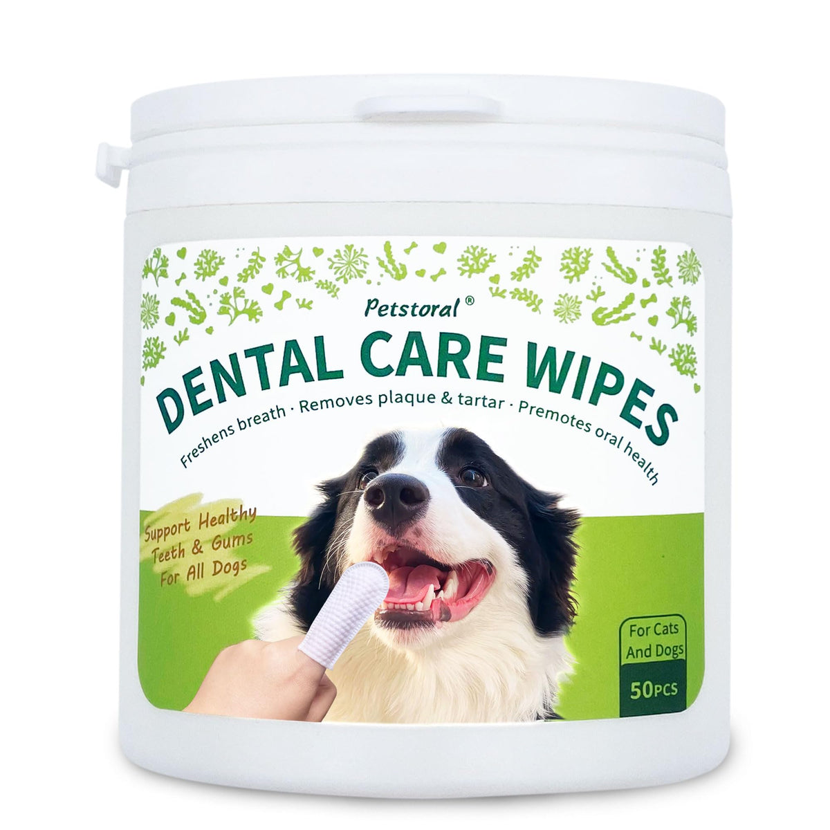 Petstoral Dental Care Wipes packaging shows a sturdy container for on-the-go oral care
