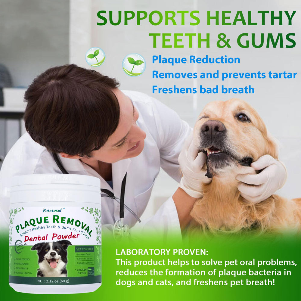 Petstoral dog dental powder scoop shows simple daily dosing for consistent care.