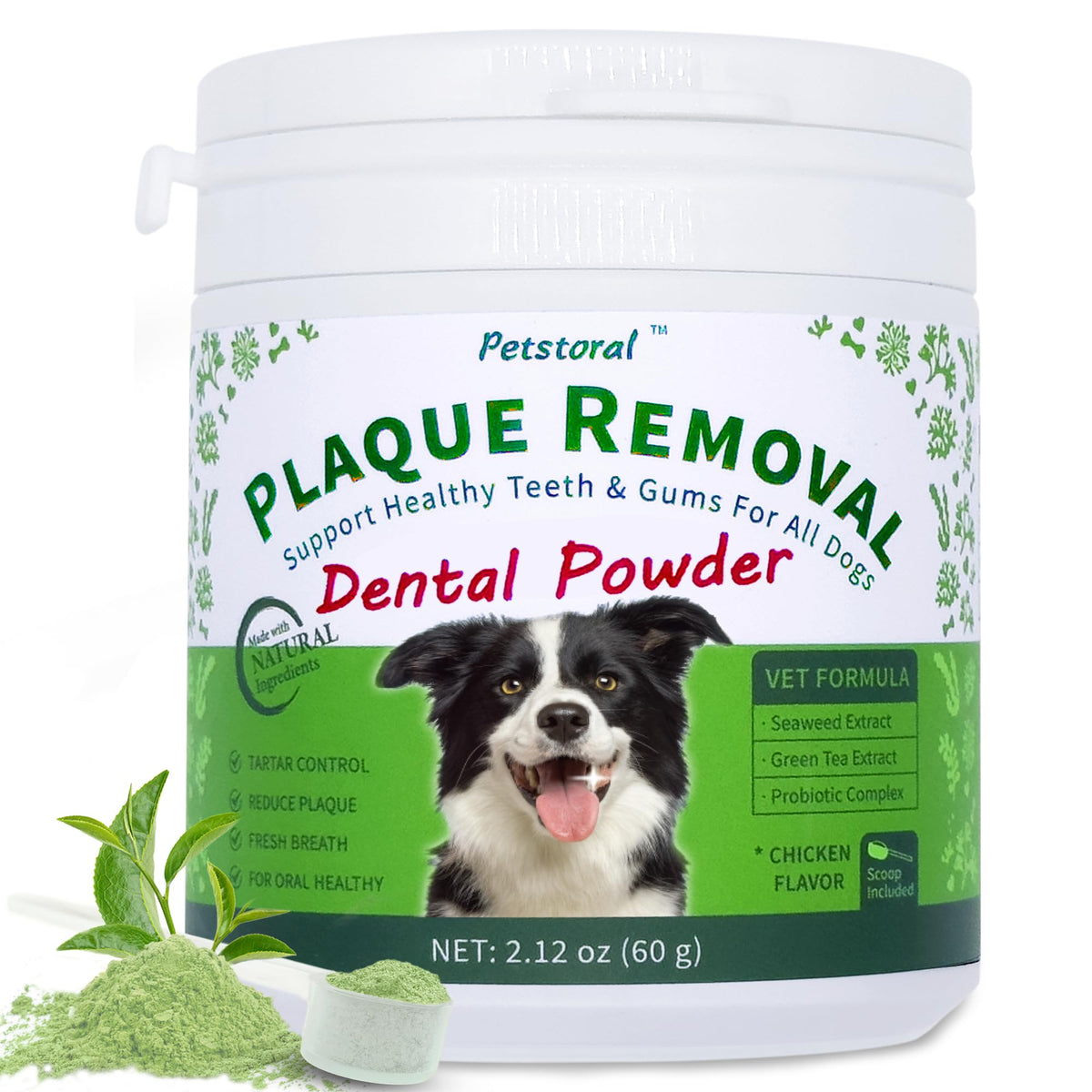 Petstoral natural dog dental powder tub for easy plaque control and fresh breath.