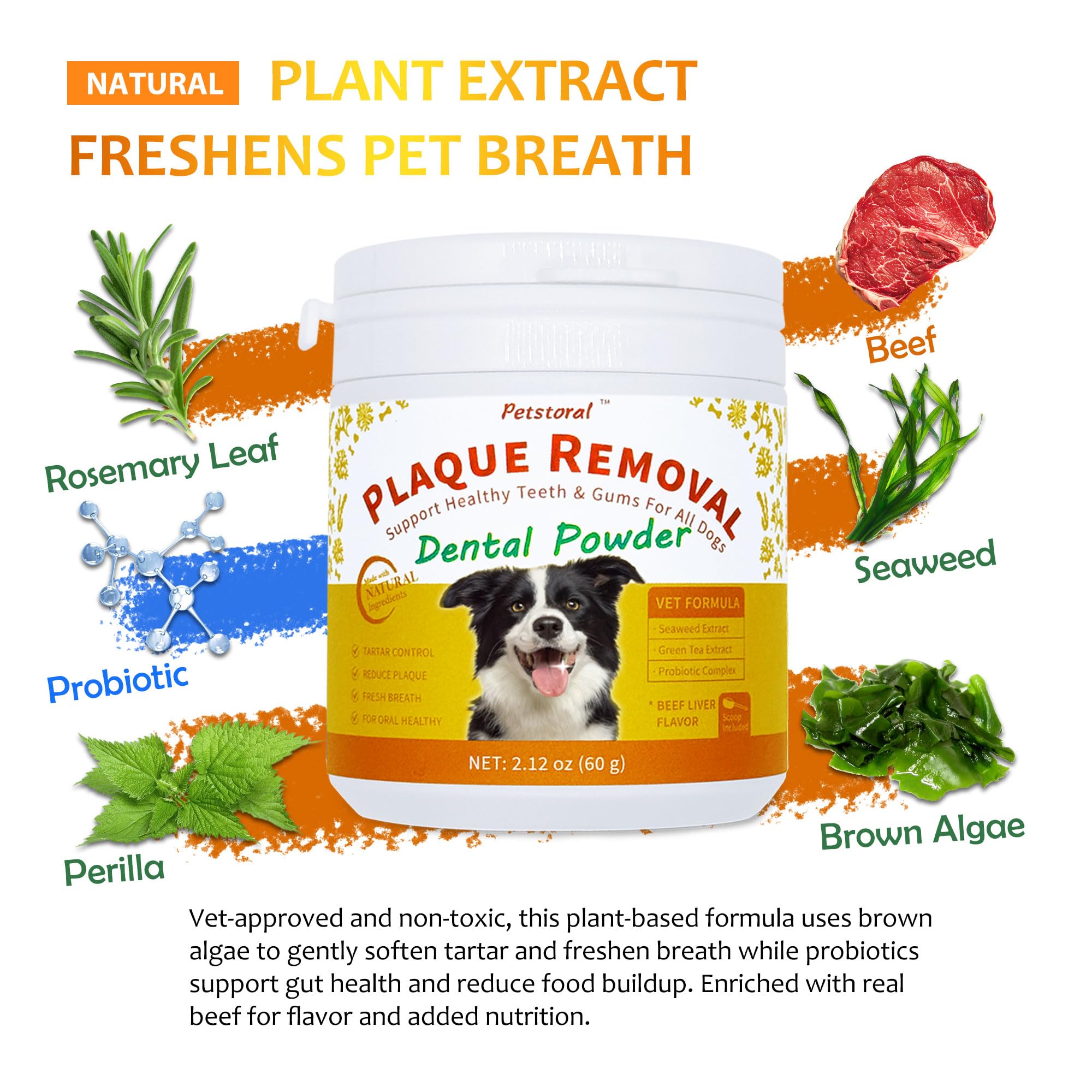 Petstoral natural zeolite dental powder close-up with debris removal focus