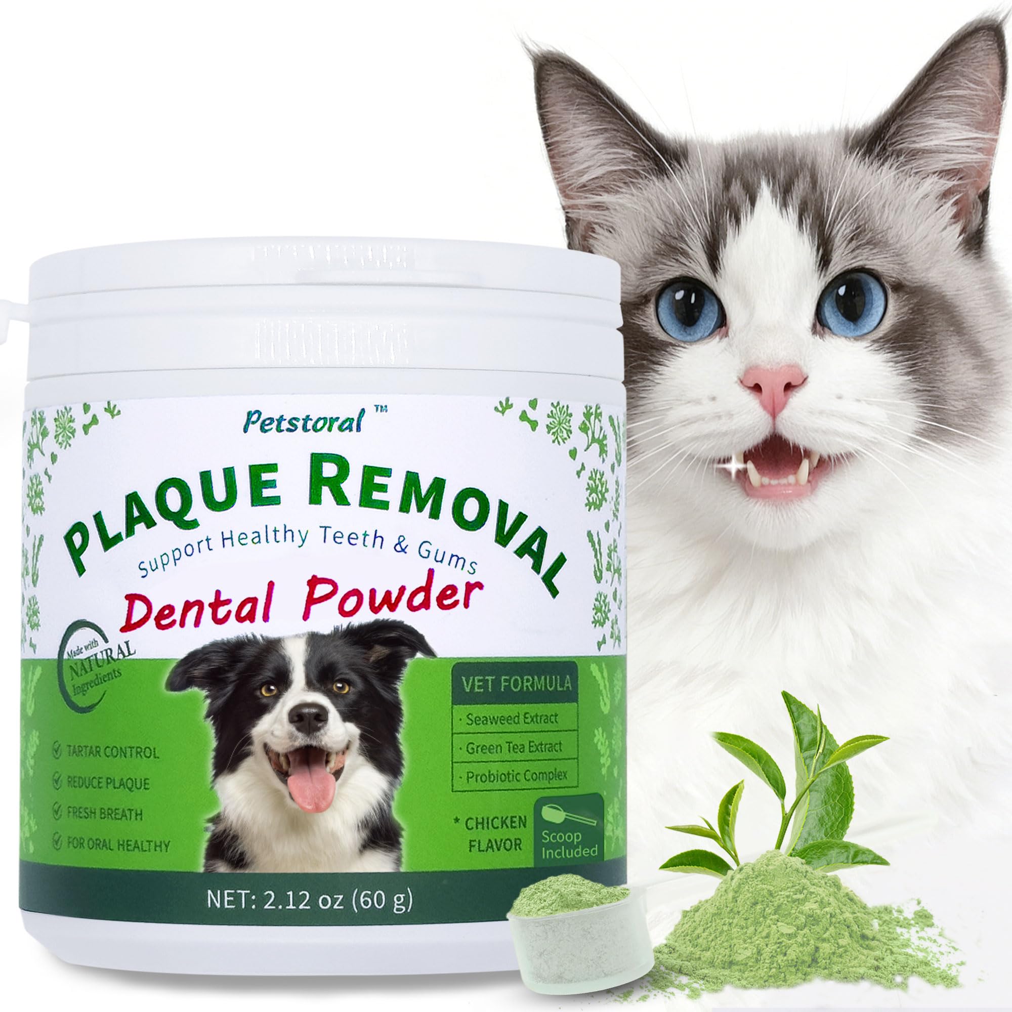 Petstoral dental powder bottle illustrating plaque removal support for dogs.
