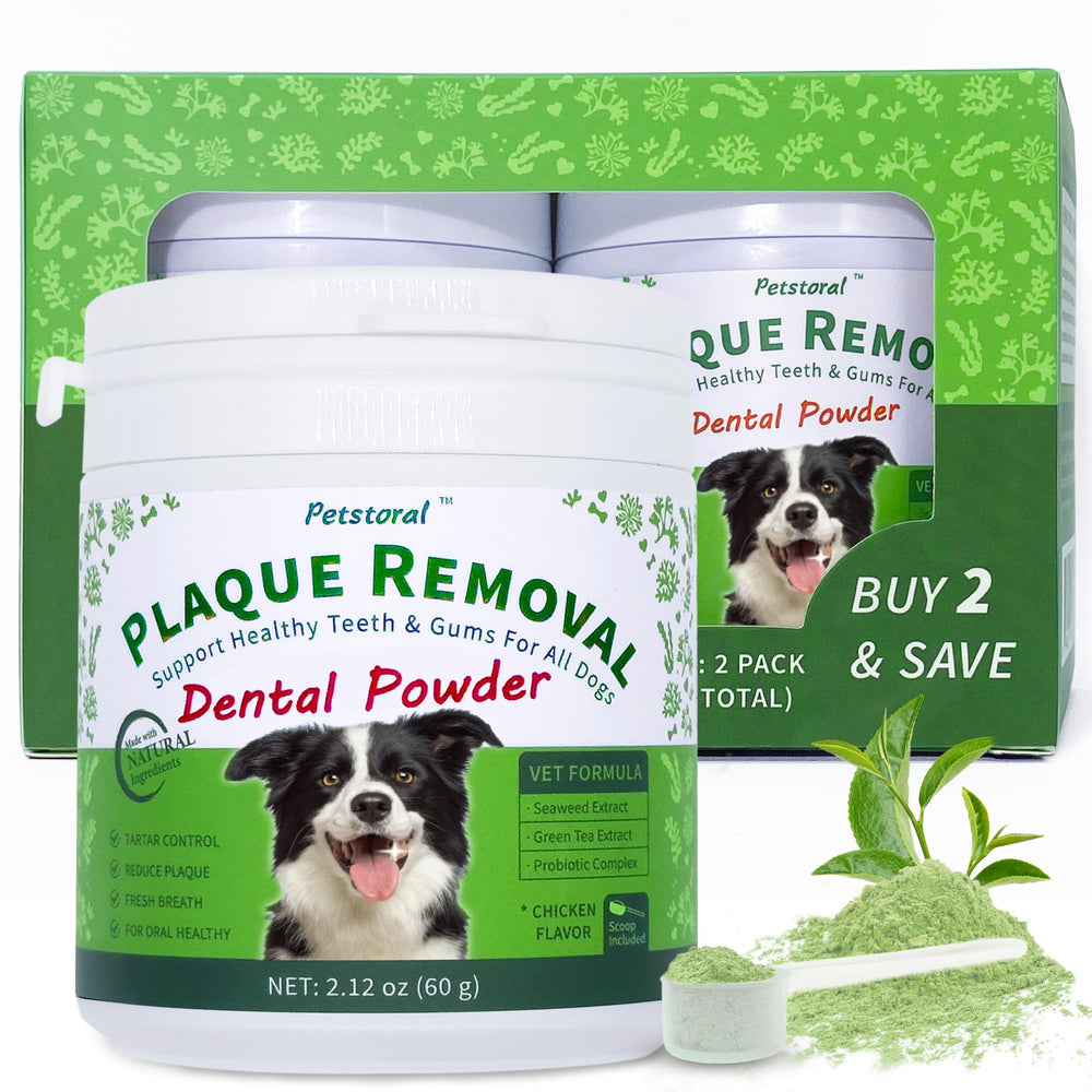 Petstoral dental powder bottle for easy daily plaque removal at home.