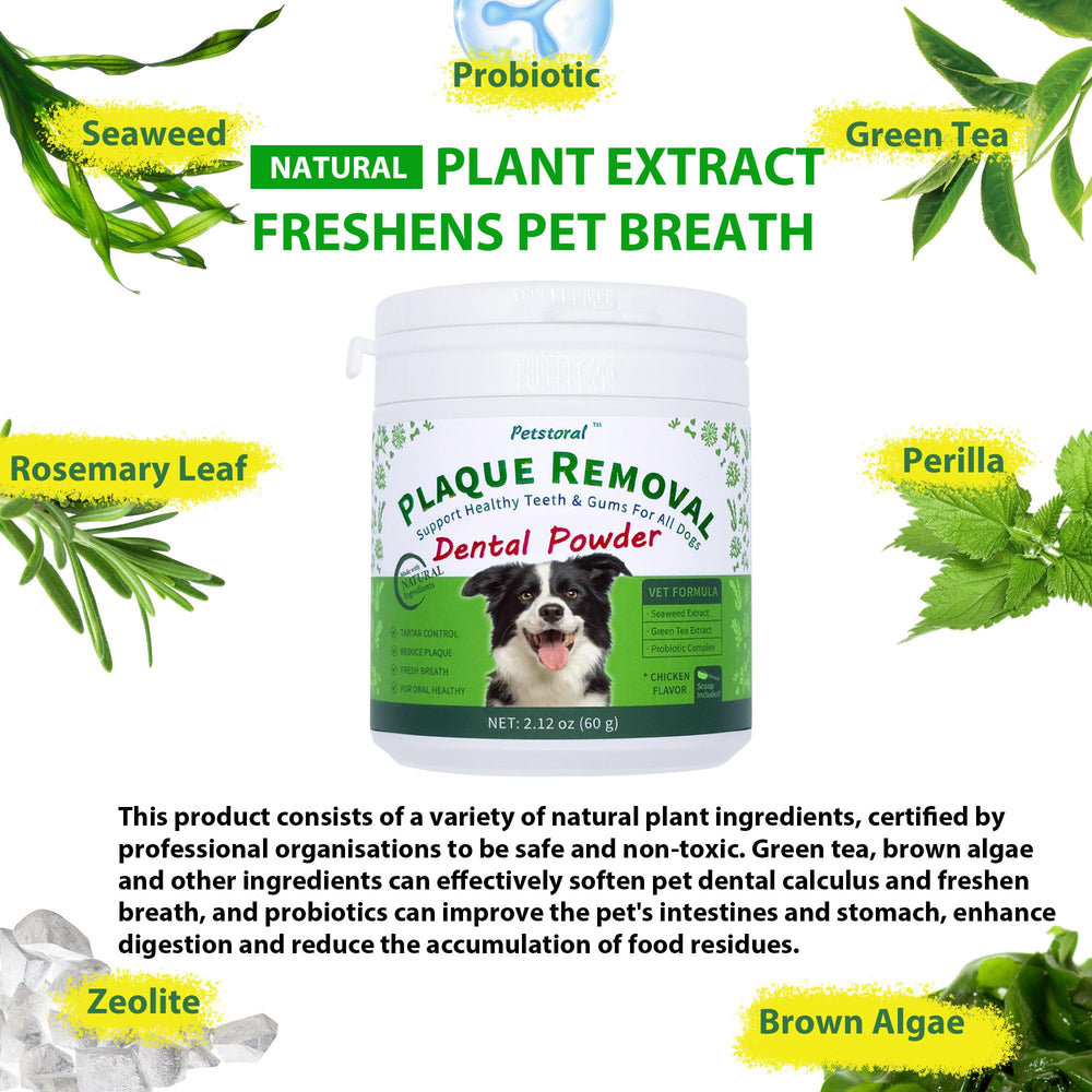 Petstoral probiotic dog dental powder emphasizes probiotic support and fresher breath potential.