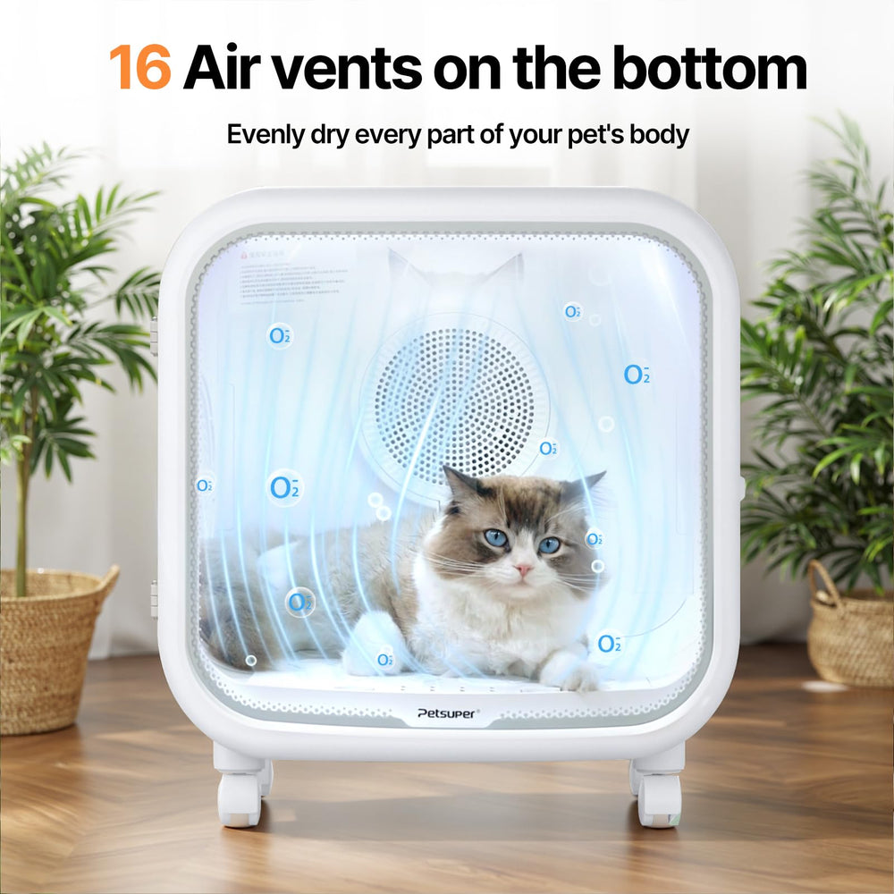Petsuper 75L curved glass door provides clear view during drying.