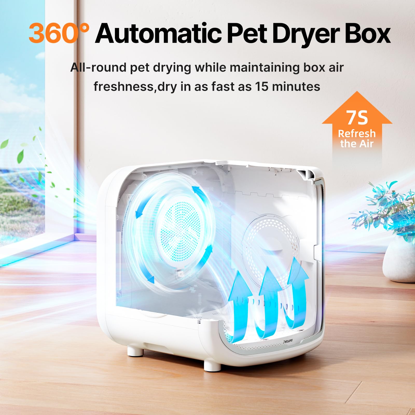 Petsuper 75L door ajar reveals curved glass and ample space.