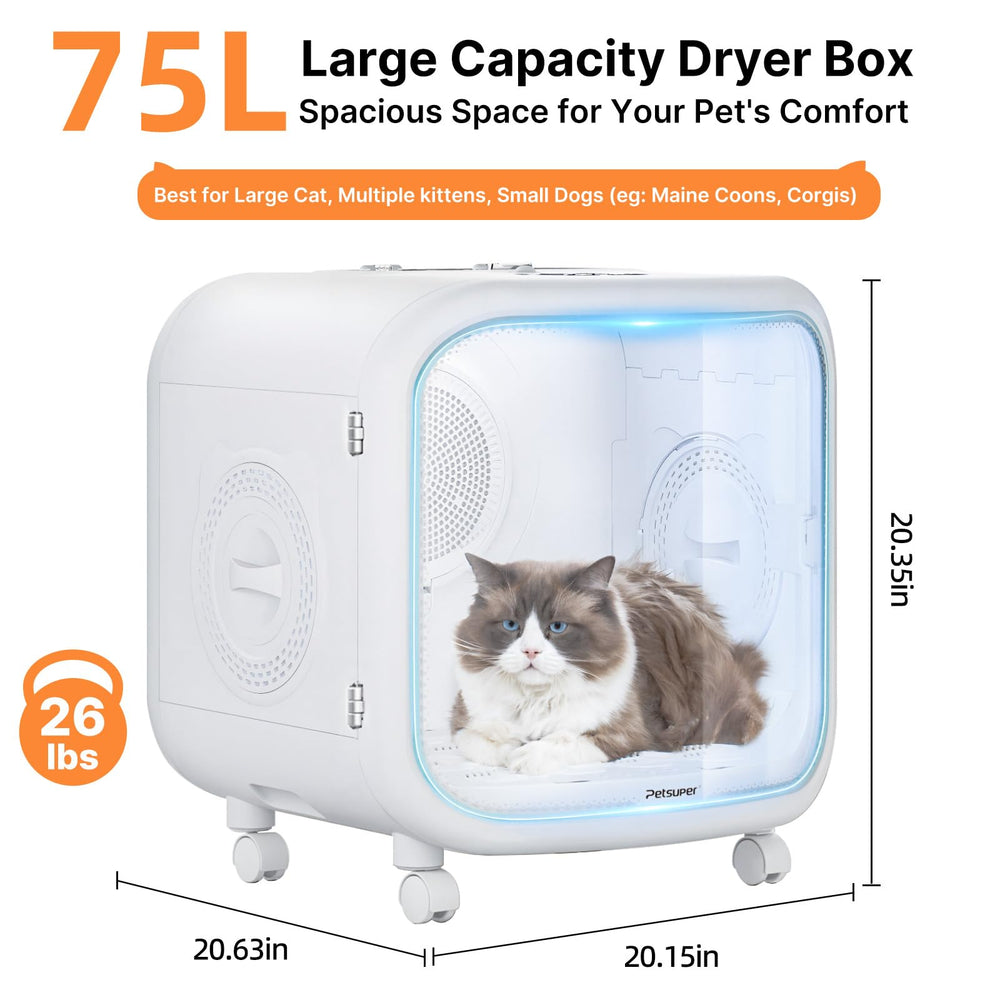 Petsuper 75L interior chamber highlights 16 bottom vents for 360-degree drying.