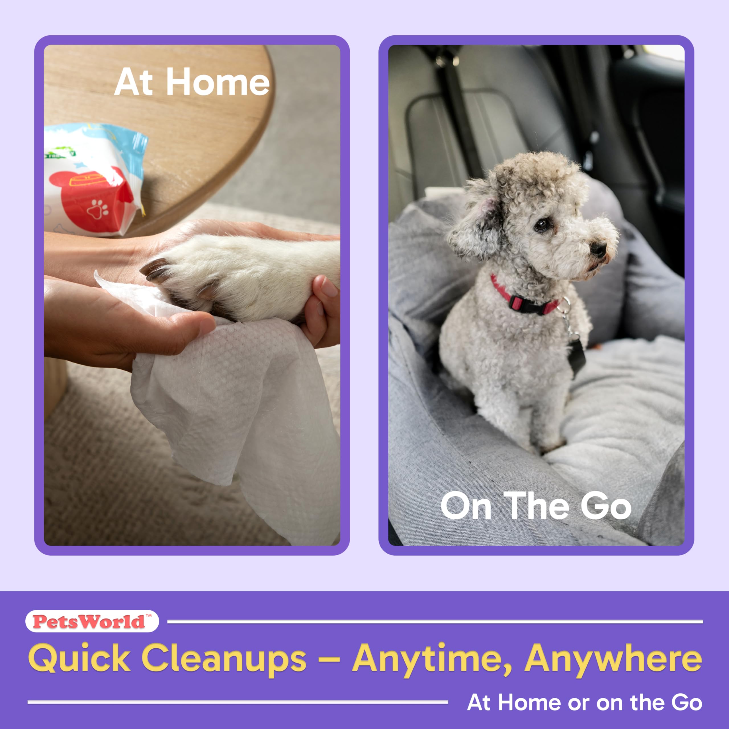 PETSWORLD wipe detail lifting dirt and dander from fur and paws.