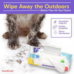 PETSWORLD wipes used for ears, fragrance-free cleansing.