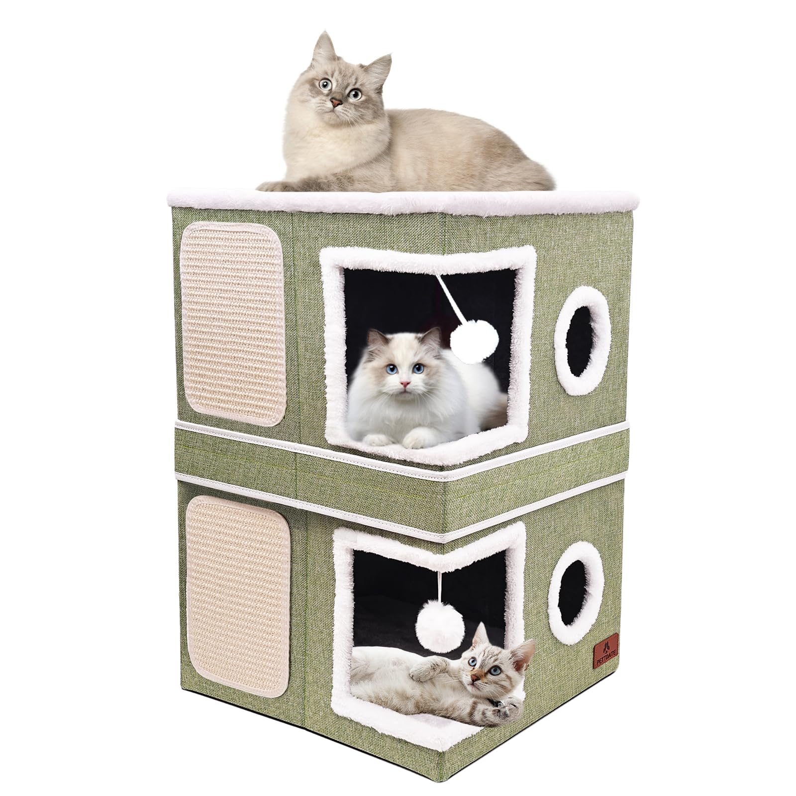 Pettdate 2-Story Cat House indoor layout offering cozy multi-cat lounging and play.