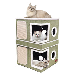 Pettdate 2-Story Cat House indoor layout offering cozy multi-cat lounging and play.