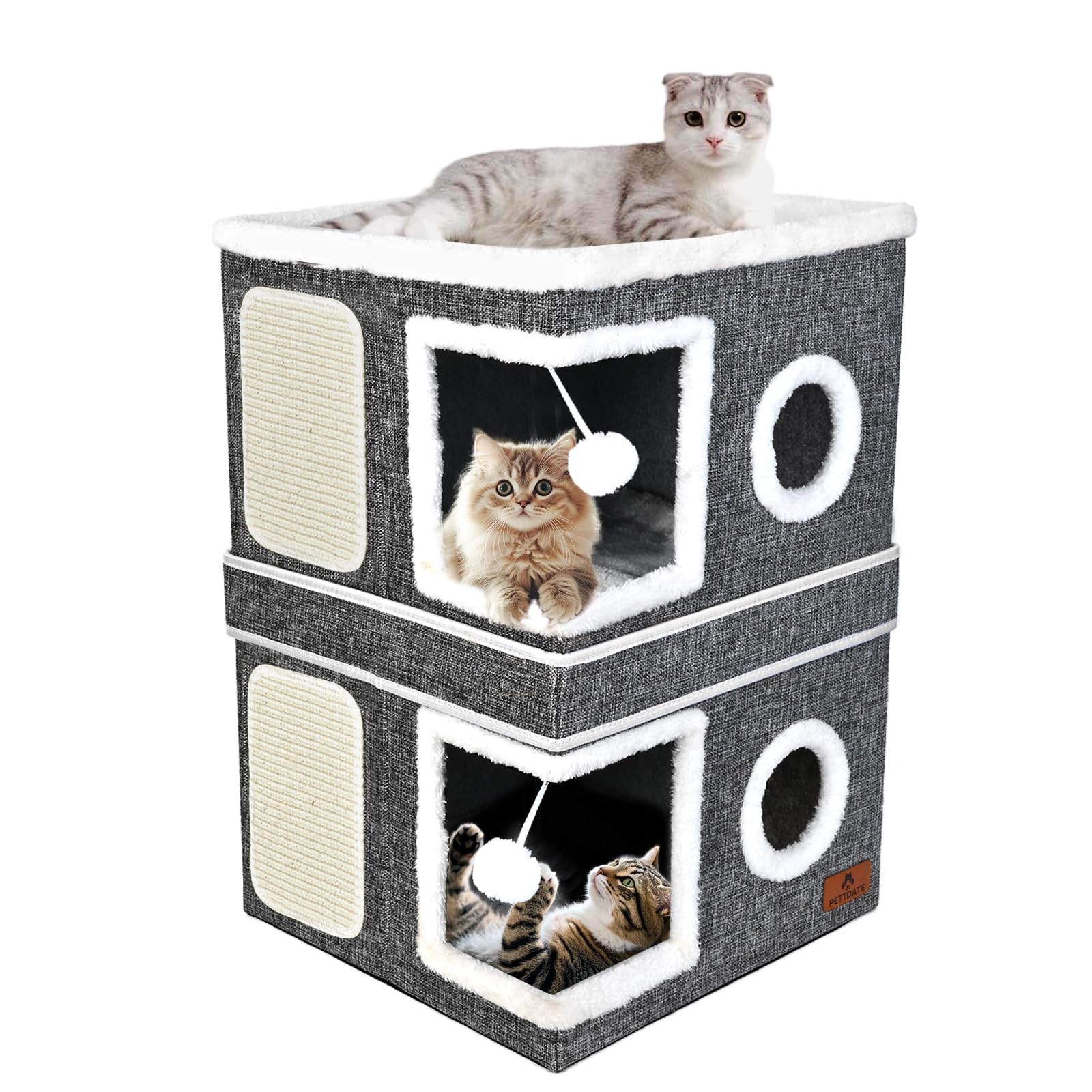 pettdate 2-story cat house interior view shows cozy multi-cat hideaway for naps and play