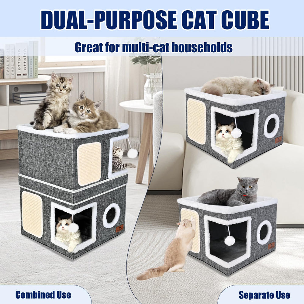 pettdate 2-story cat house round window with fluffy ball interactive play and enrichment