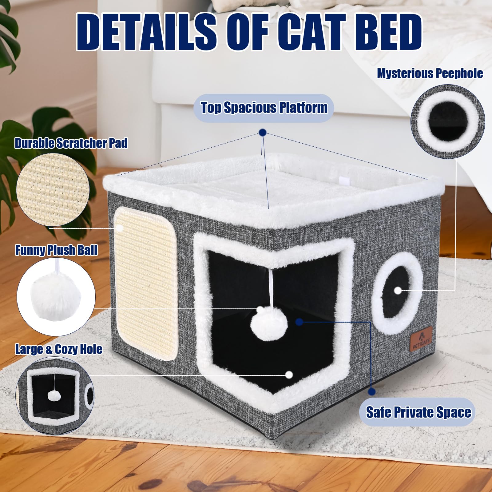 PETTDATE cat bed features a hanging plush ball for interactive play.