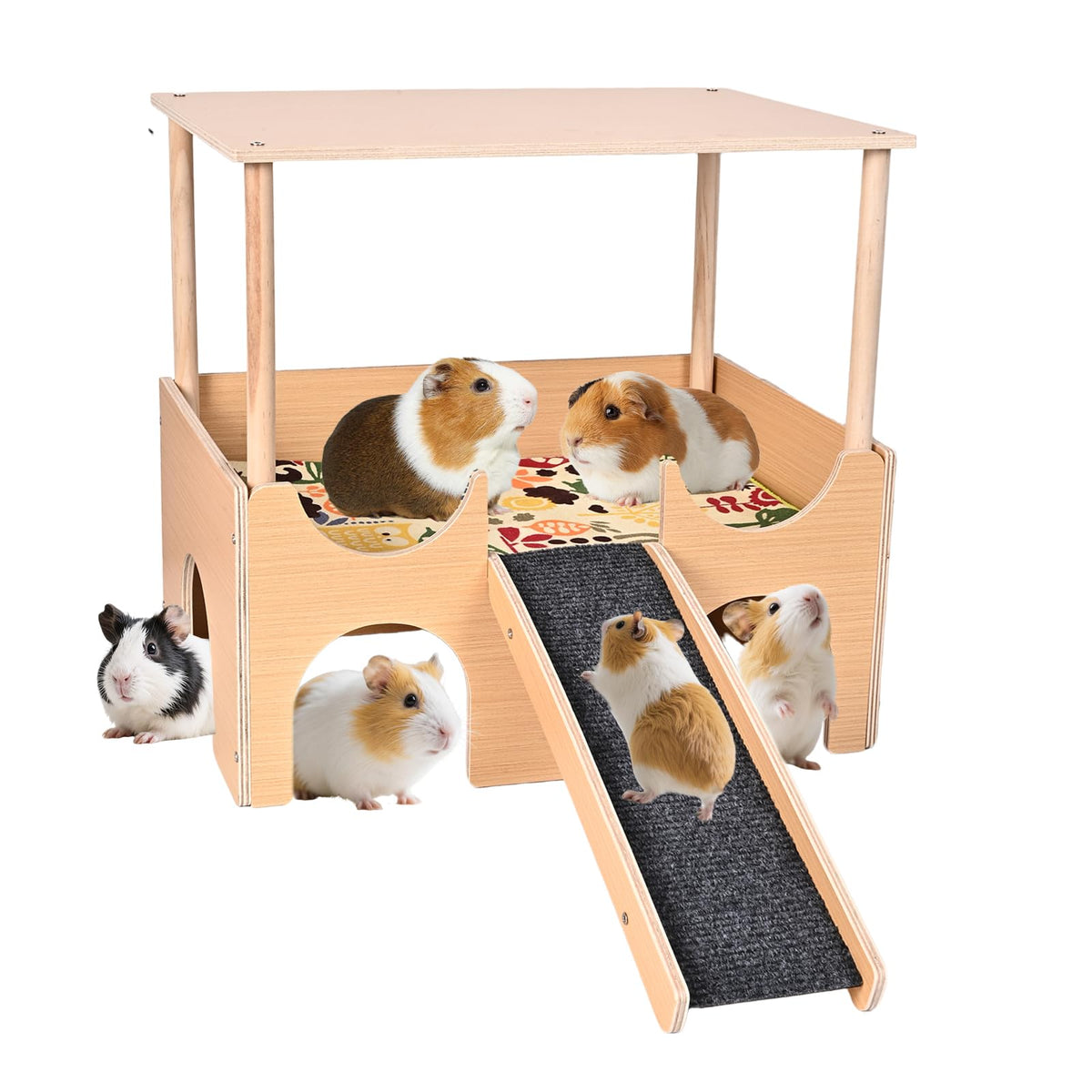 PETTDATE large wooden guinea pig hideout front view showing multi-level shelter
