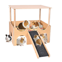 PETTDATE large wooden guinea pig hideout front view showing multi-level shelter