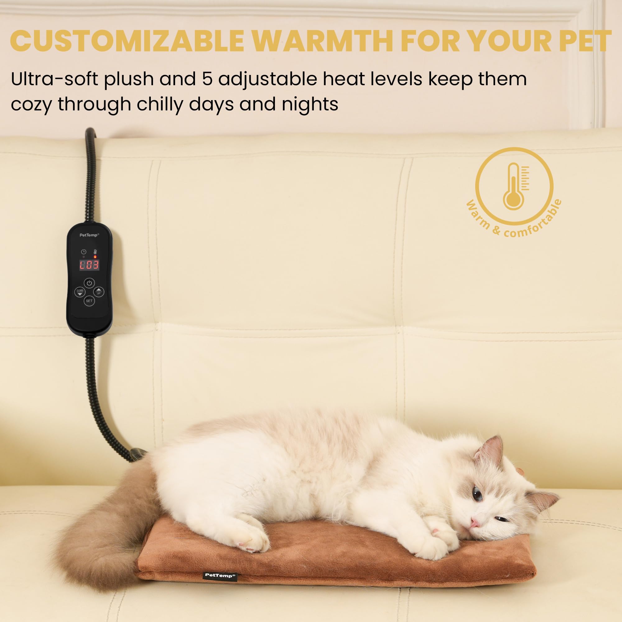 PetTemp heating pad side controls showing 5 heat levels for pet comfort.