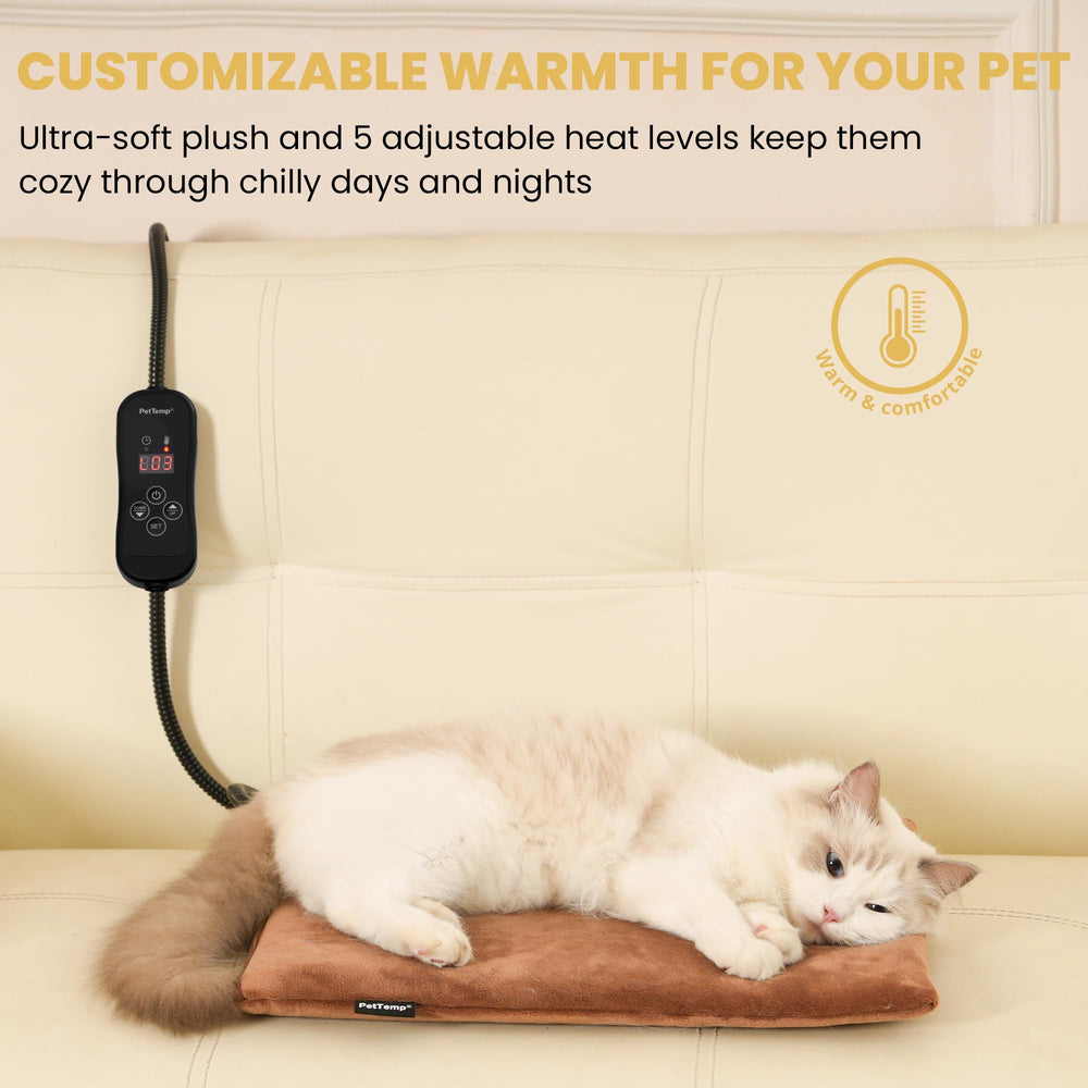 PetTemp heating pad side controls showing 5 heat levels for pet comfort.