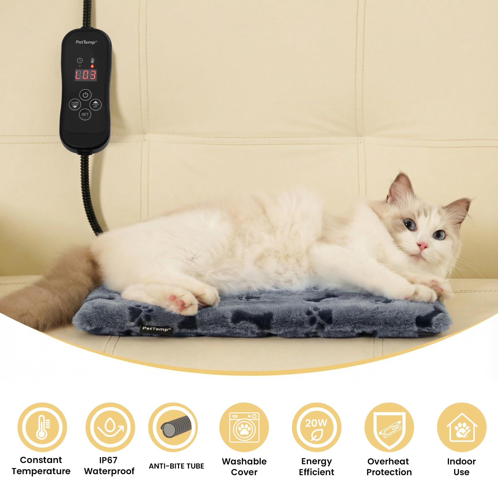 PetTemp timer options show 4–24 hour auto shut-off for safe use