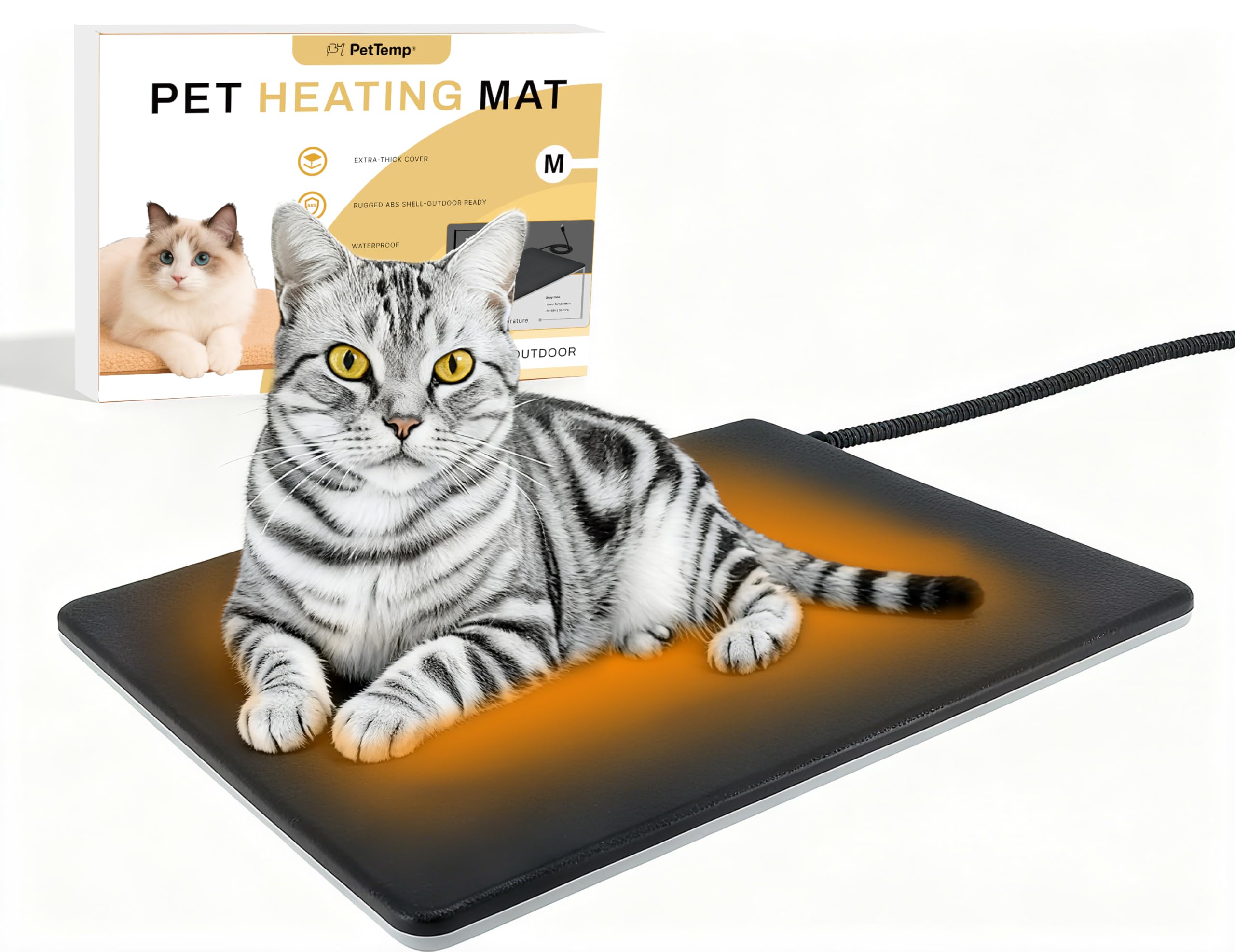 PetTemp outdoor heated pad in a cat house delivering steady warmth for outdoor shelters
