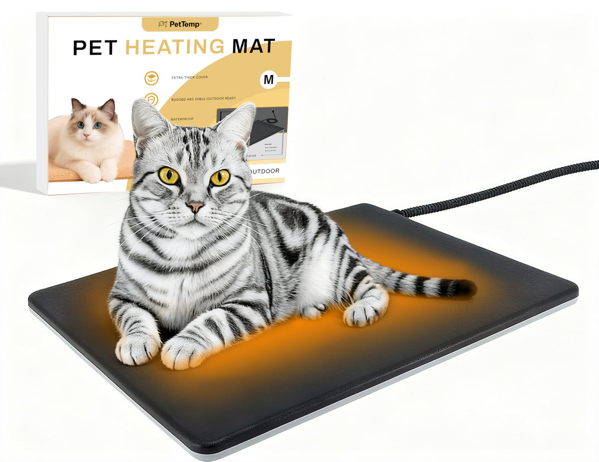 PetTemp outdoor heated pad in a cat house delivering steady warmth for outdoor shelters