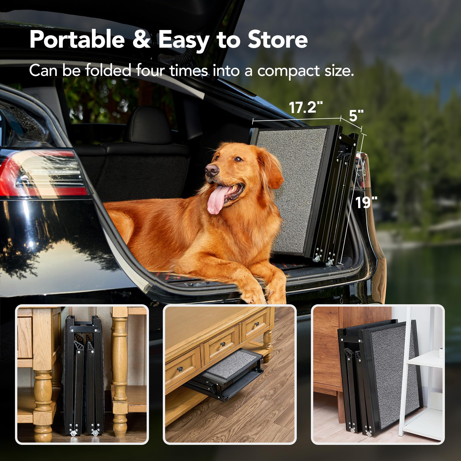 PetThem dog ramp weighs 19 pounds with a handle for easy carry.