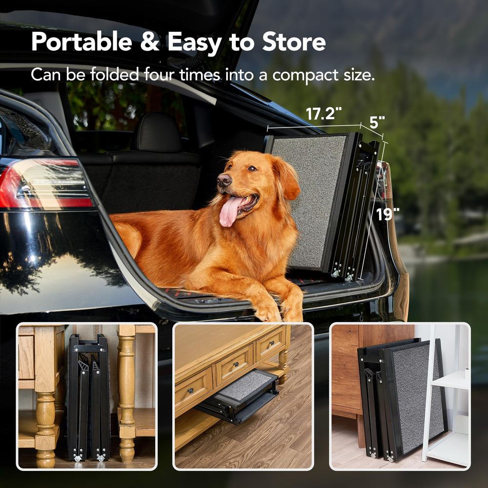 PetThem dog ramp weighs 19 pounds with a handle for easy carry.