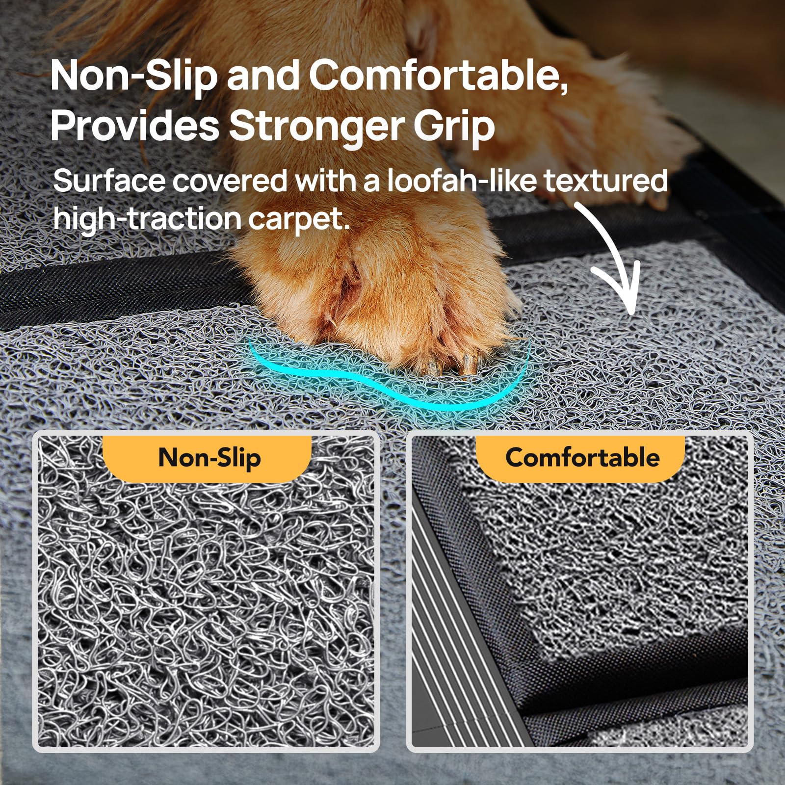 PetThem dog ramp aluminum construction supports up to 250 lbs with stability.