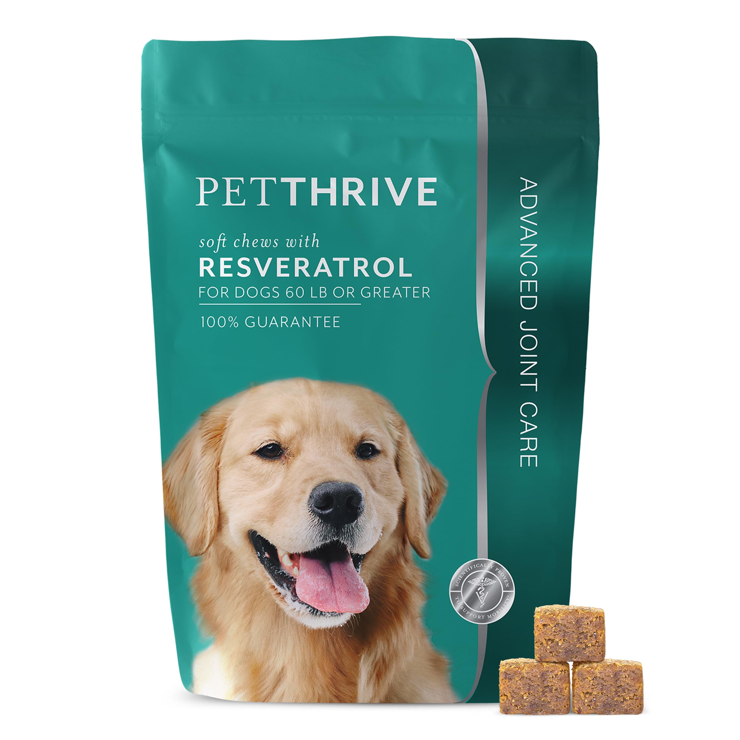 PetThrive dog hip and joint soft chews with bacon flavor on bottle label signaling tasty joint support.