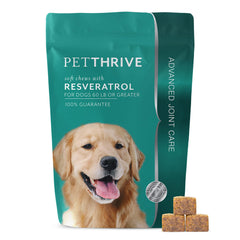 PetThrive dog hip and joint soft chews with bacon flavor on bottle label signaling tasty joint support.