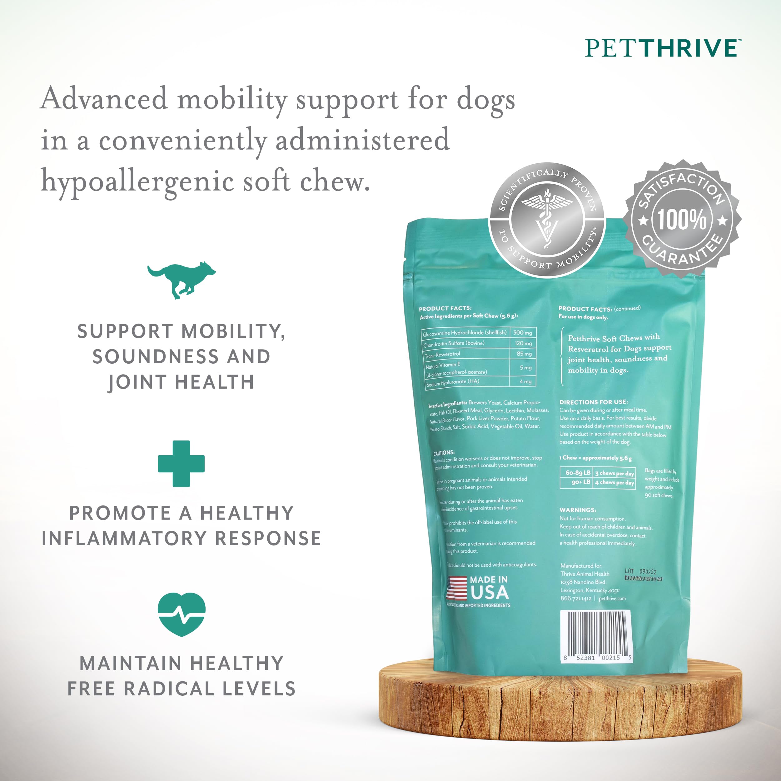 PetThrive dog hip and joint soft chews product packaging showcases premium ingredients and USA-made quality.