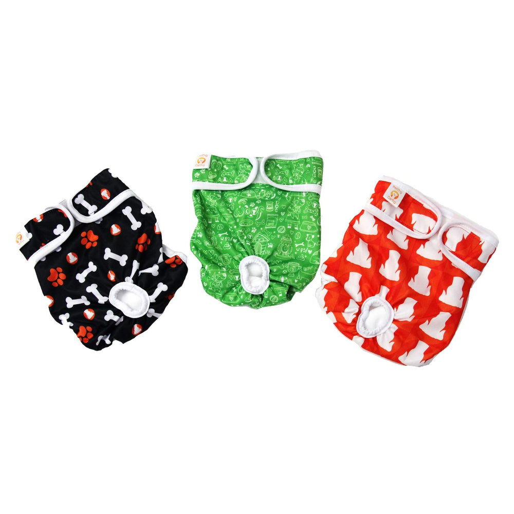 Petting Is Caring green diaper on dog showing adjustable Velcro closures for secure fit.