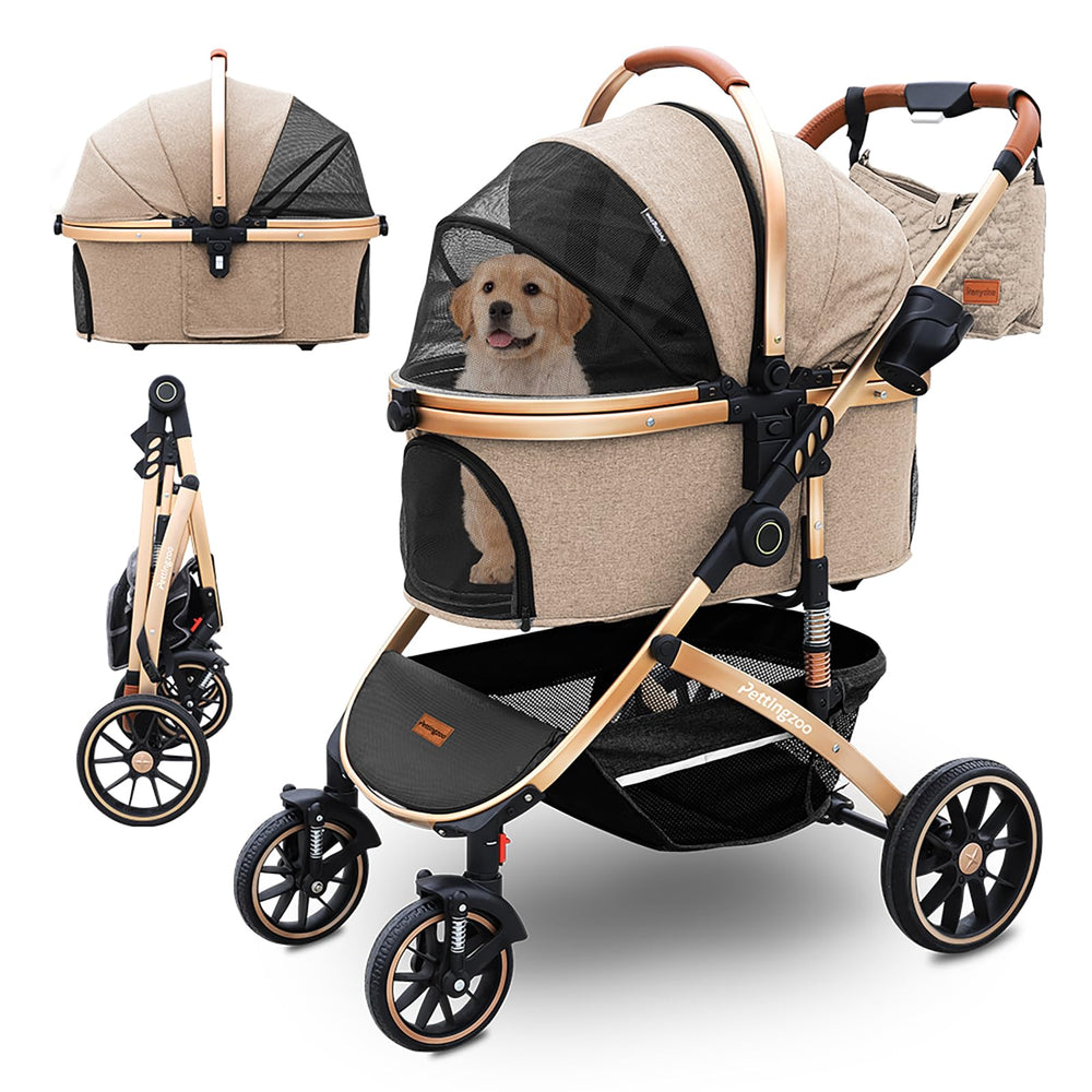 Pettingzoo 4-wheel dog stroller folded for travel and storage.