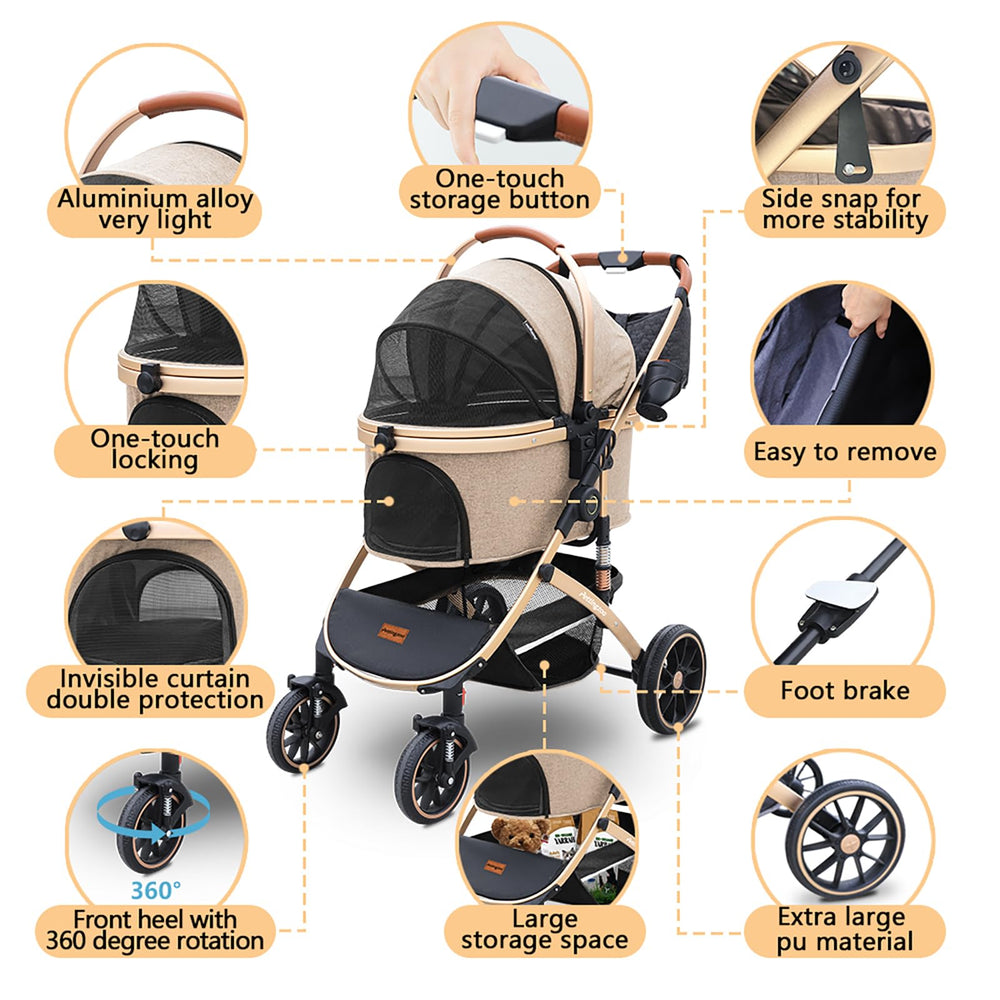 Pettingzoo stroller with storage basket and cup holder for essentials.